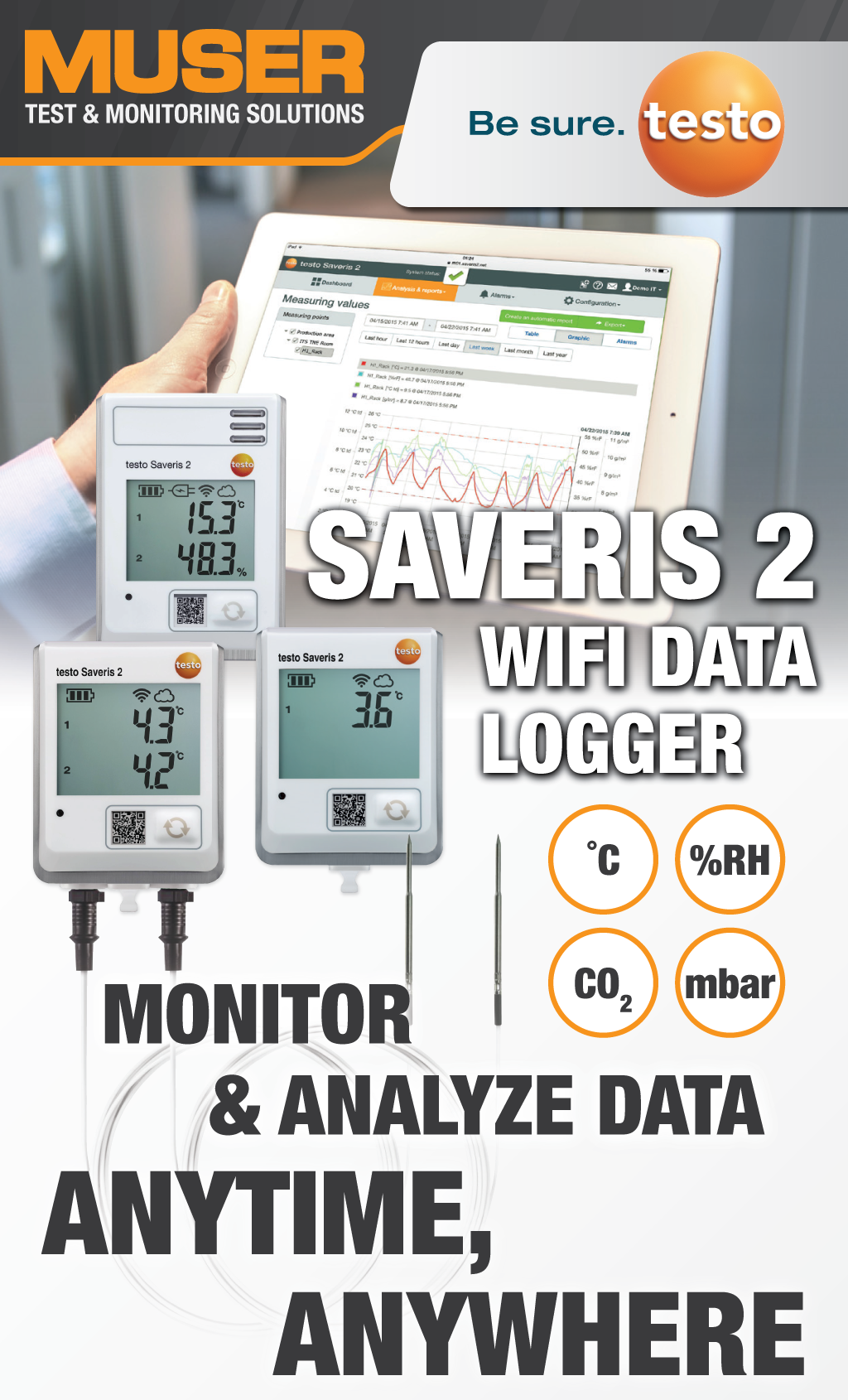 testo Saveris 2-T3, WiFi Data Logger w/ Display & 2 TC Temperature Probe  Connections, Test, Measuring & Lab Instruments Malaysia Supplier