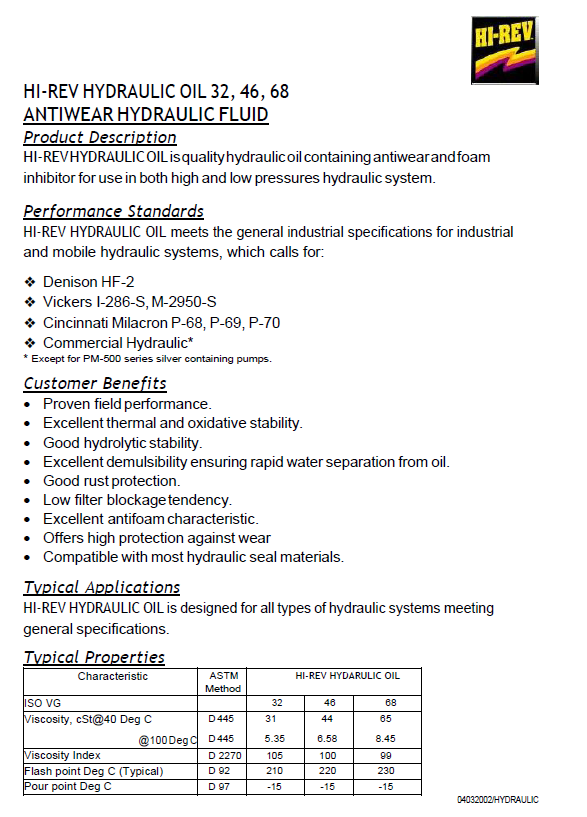 HIREV HYDRAULIC OIL technical data sheet