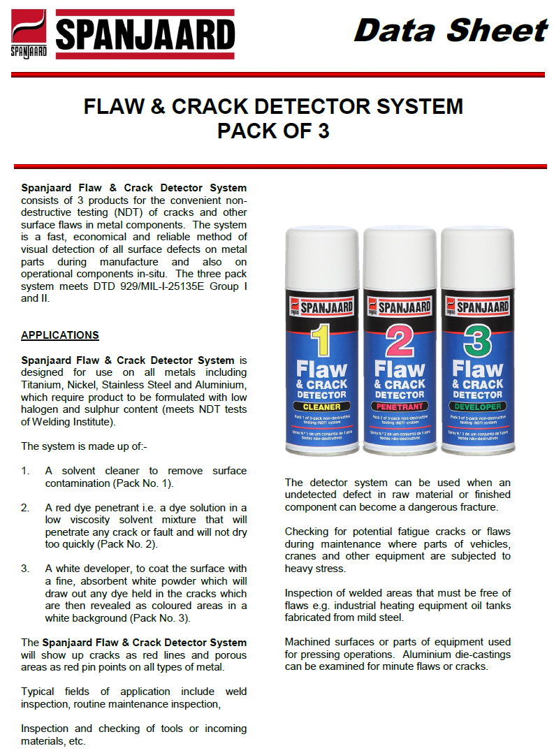 Technical data sheet for dye penetrant test kit spray, including procedure