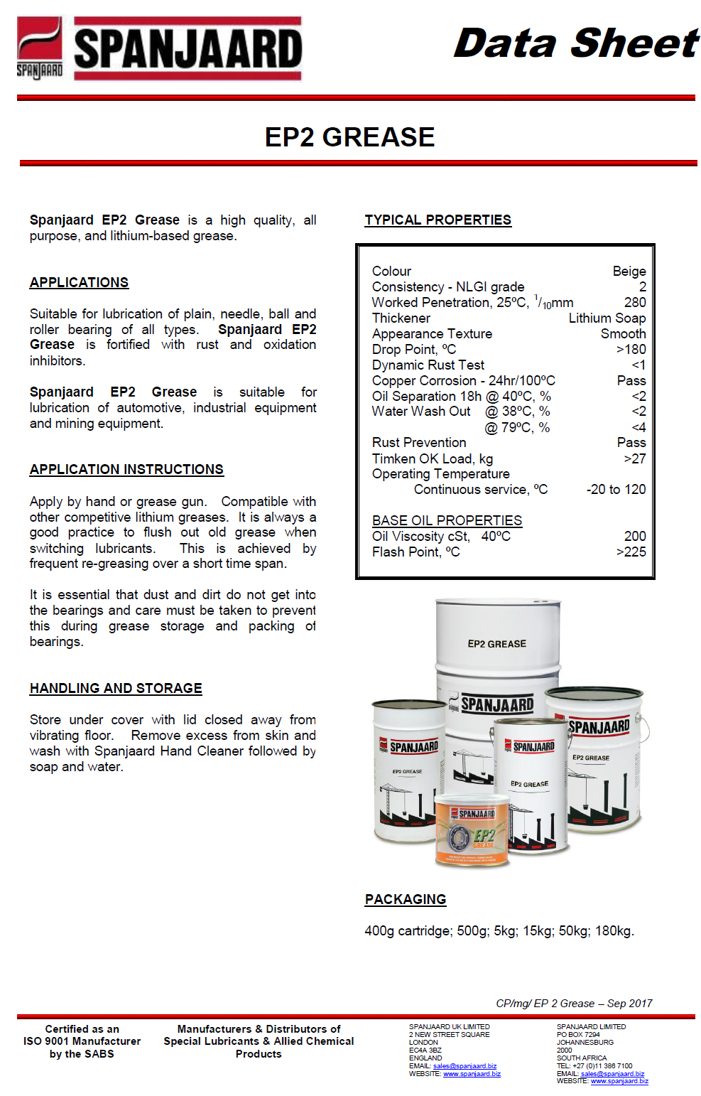 Spanjaard EP2 Grease Technical Data Sheet - Specifications, Uses, Colour, Temperature Range, and Performance Metrics