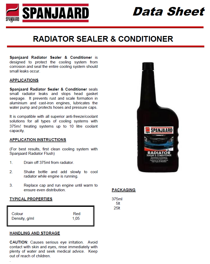 Spanjaard Radiator Sealer & Conditioner technical data sheet with detailed specifications, features, and DIY application instructions for radiator stop leak.