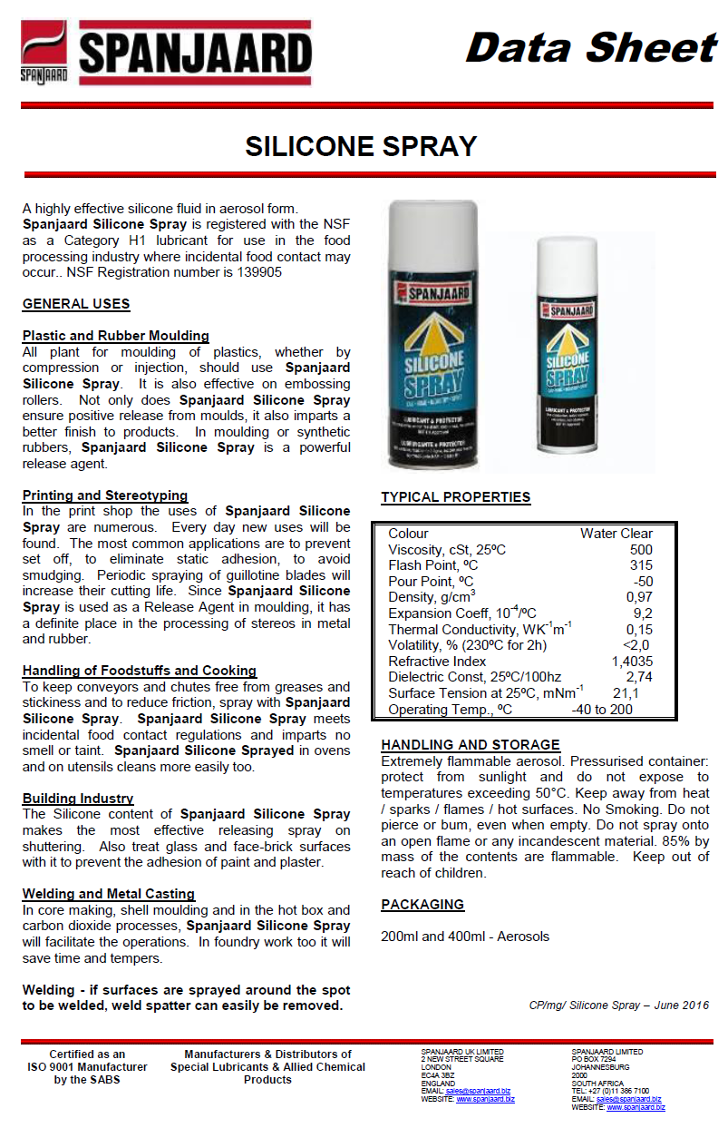 technical data sheet of silicone spray